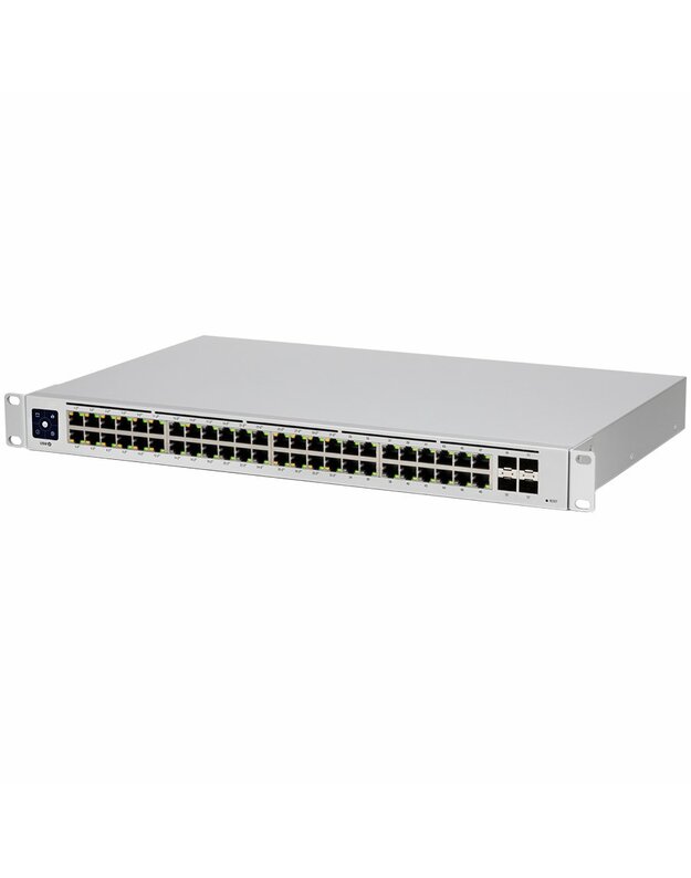 Ubiquiti USW-48-PoE, Layer 2 PoE switch, 32 x GbE PoE+, 16 x GbE ports, 4 x 1G SFP ports, 195W total PoE Power, Fanless, silent cooling, ESD/EMP protection, 1.3" touchscreen LCM display, Rackmount (Kit included)