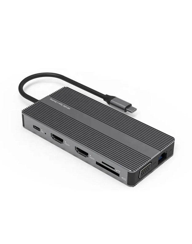 Adapteris USB Type-C - 2x HDMI, VGA, LAN, 3x USB Type-A, SD, TF, USB Type-C PD100W, Aux