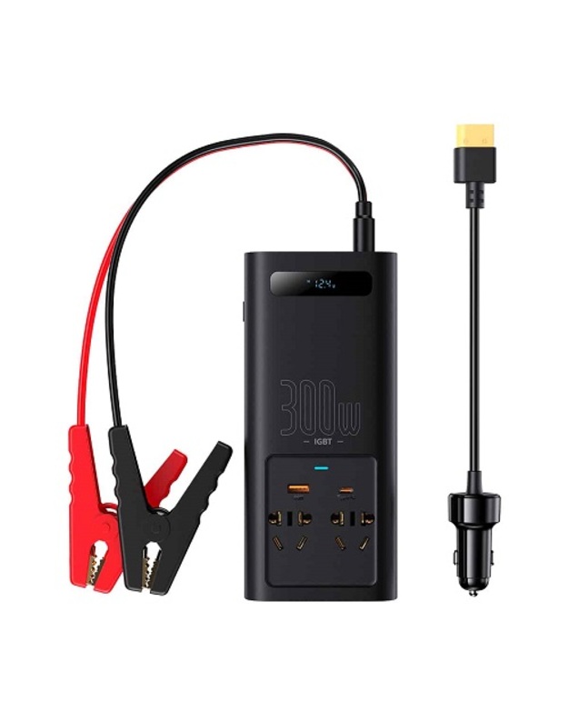 BASEUS automobilinis įtampos keitiklis IGBT 12V-220V, 300W, 2x AC, 1x USB-A, 1x USB-C