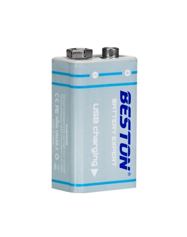 Baterija 9V (krona), įkraunama su USB-C lizdu, 1000mAh, Li-Ion