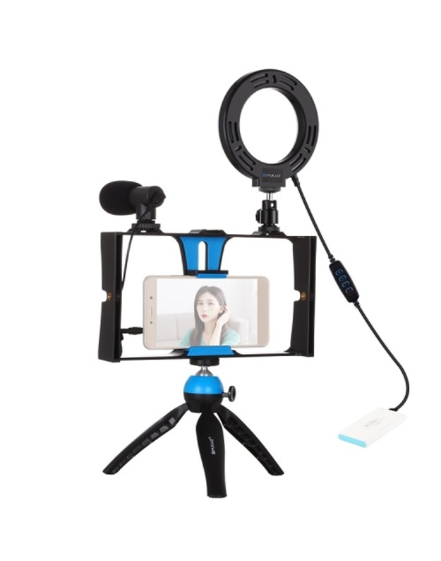 Blogerio rinkinys su LED žiedine lempa, stovu, telefono laikikliu ir mikrofonu