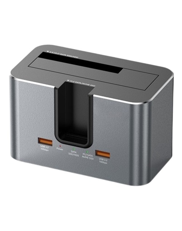 Dviejų diskų Docking Station M.2 SATA/ NVME, 2.5"/3.5" SSD/HDD, 2x USB-A, USB-C