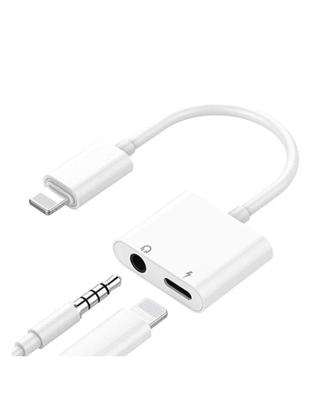 Dvigubas adapteris iPhone Lightning - 3.5 mm ausinėms ir krovikliui