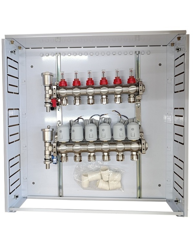 Grindinio šildymo kolektorius 6 kontūrų su terminėmis pavaromis NC AC230V ir debitomačiais