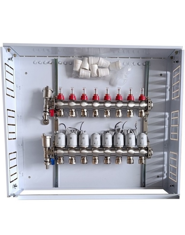 Grindinio šildymo kolektorius 8 kontūrų su terminėmis pavaromis NC AC230V ir debitomačiais