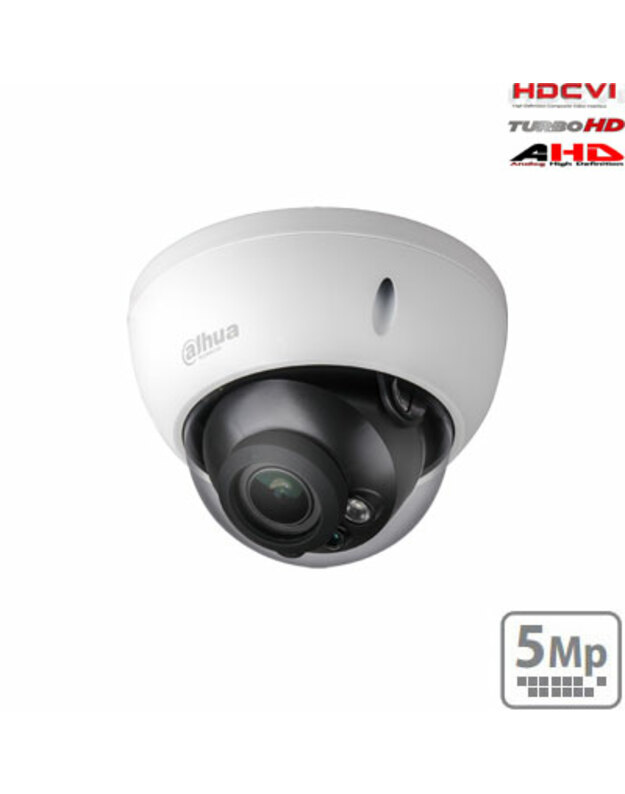 HD-CVI kupolinė kamera 5MP su IR iki 30m. 2.7~12mm 98°~34°, IP67, IK10, Lite serija