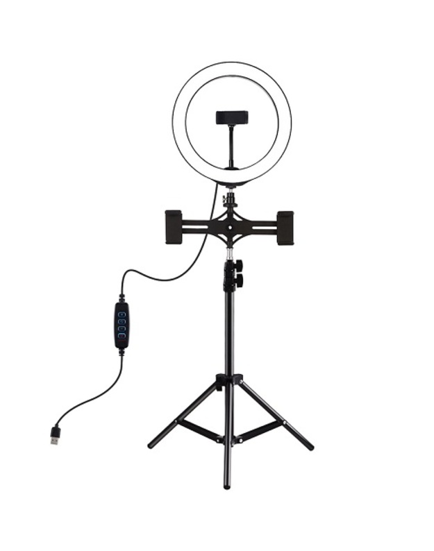 LED žiedinė lempa 26cm, su trikoju stovu iki 1.1m ir 3 telefono laikikliais, USB