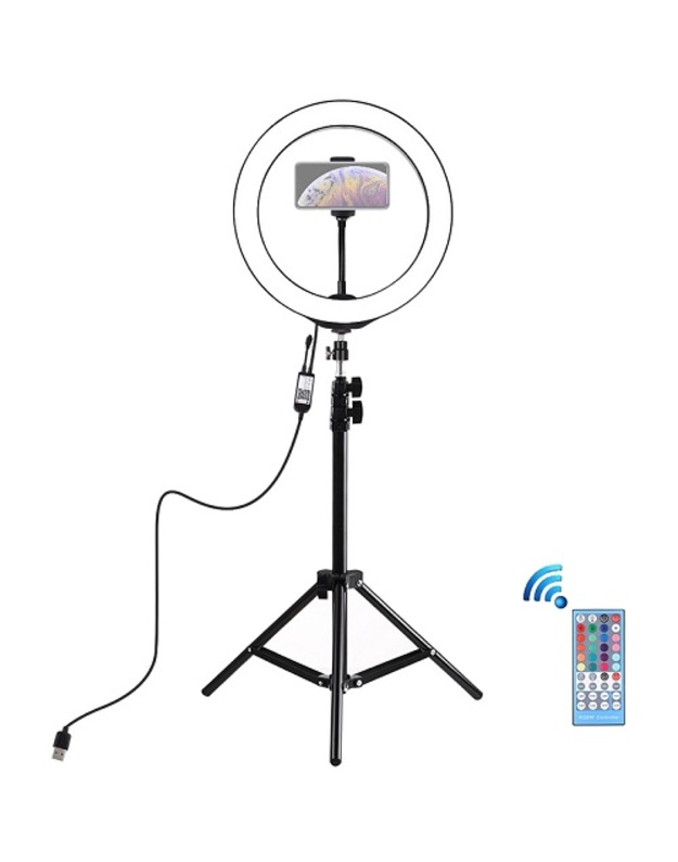 LED žiedinė lempa 26cm, su trikoju stovu iki 1.1m ir telefono laikikliu, USB