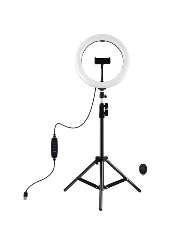 LED žiedinė lempa 26cm, su trikoju stovu iki 1.1m ir telefono laikikliu, USB