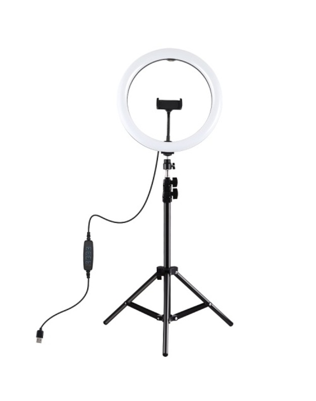 LED žiedinė lempa 30cm, su trikoju stovu iki 1.1m ir telefono laikikliu, USB