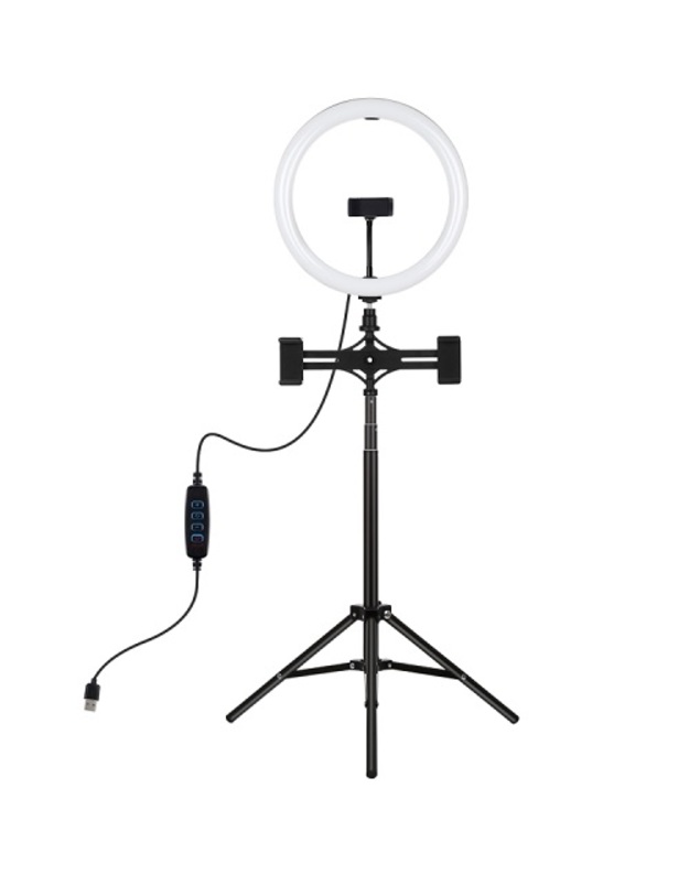 LED žiedinė lempa 30cm, su trikoju stovu iki 165cm ir 3 telefono laikikliais, USB