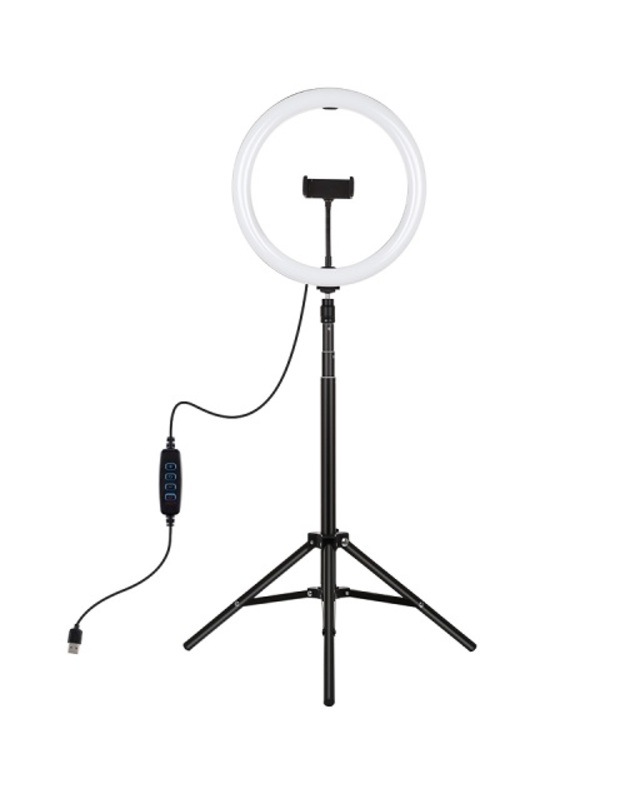 LED žiedinė lempa 30cm su trikoju stovu iki 1.65m ir telefono laikikliu, USB