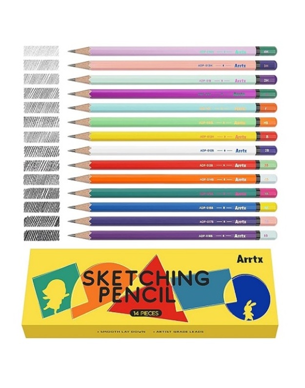 Pieštukai eskizams ARRTX, 4H, 3H, 2H, H, F, HB, B, 2B, 3B, 4B, 5B, 6B, 7B, 8B, 14 vnt
