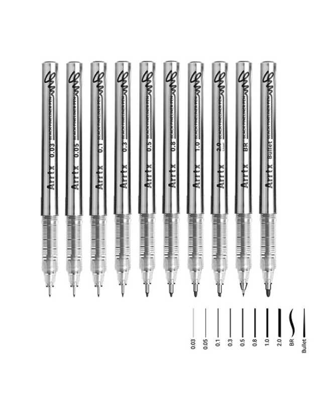 Profesionalūs grafiniai rašikliai ARRTX, juodos spalvos, 10vnt.