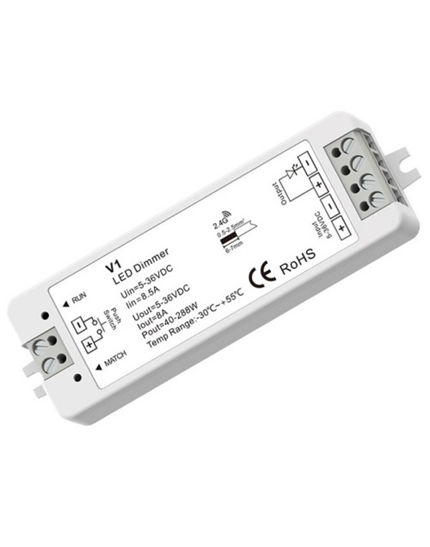 V1 nuolatinės įtampos valdiklis 5-36V, 1x 8A, Push-Dimm