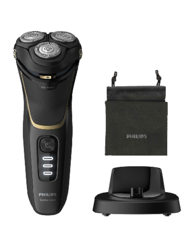 Philips Shaver series 3000 Wet or Dry electric shaver, Series 3000 S3333/54 5D Pivot & Flex Heads PowerCut Blades Travel pouch Charging stand
