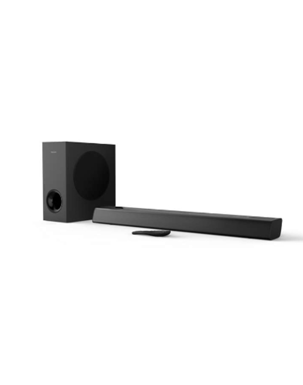 PHILIPS Soundbar speaker TAPB405/10 oogle Assistant, Apple AirPlay, Bluetooth, Dolby Audio, audio and optical input, wireless subwoofer, HDMI ARC, 120W, Black