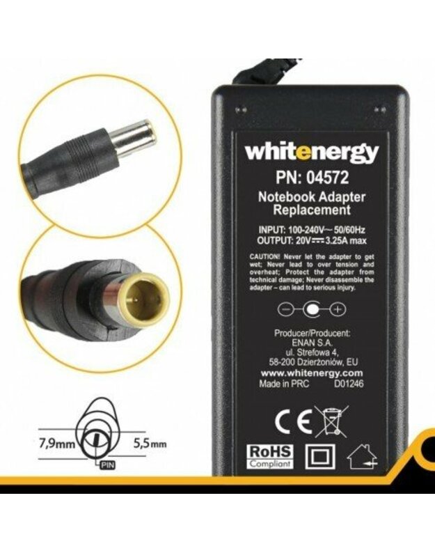 WHITENERGY AC ADAPTER 20V 3.25A CONNECTOR 7.9X5.5MM + PIN