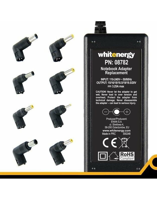 Universalus maitinimo šaltinis Whitenergy 65W, 8 antgalių, USB, Super Slim Nešiojamų kompiuterių maitinimo šaltiniai