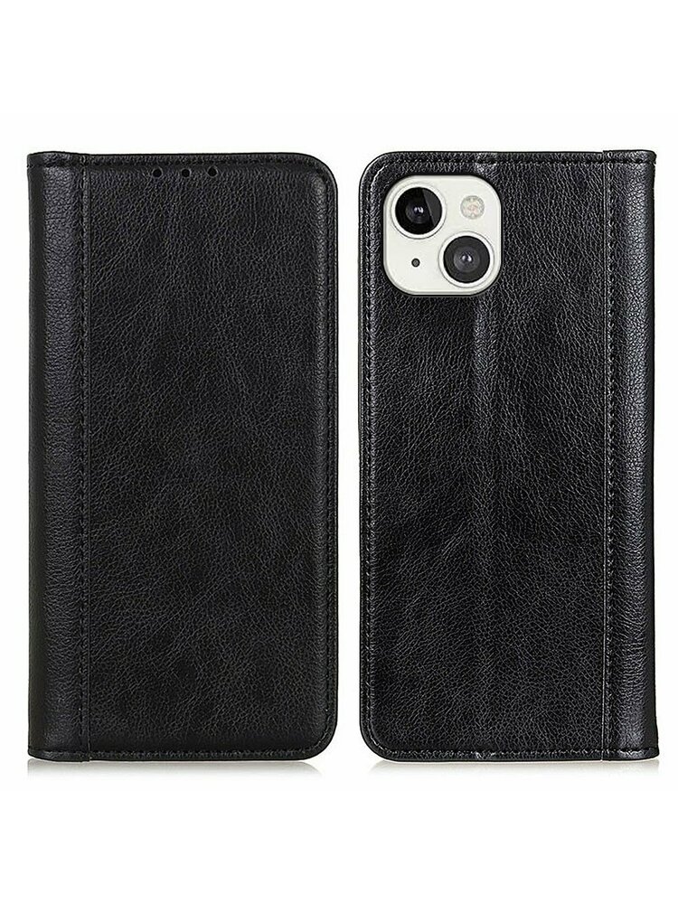 Piniginės dėklas iPhone 13, Litchi Leather, juodas