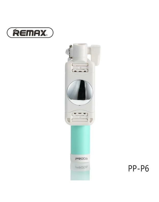 Remax PP-P6 Ultra Mini Pocket Wired Selfie Stick 67cm (59-86mm Fix) with Shutter Button & Mirror Light Mėlyna  