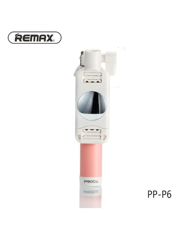 Remax PP-P6 Ultra Mini Pocket Wired Selfie Stick 67cm (59-86mm Fix) with Shutter Button & Mirror Rožinė  