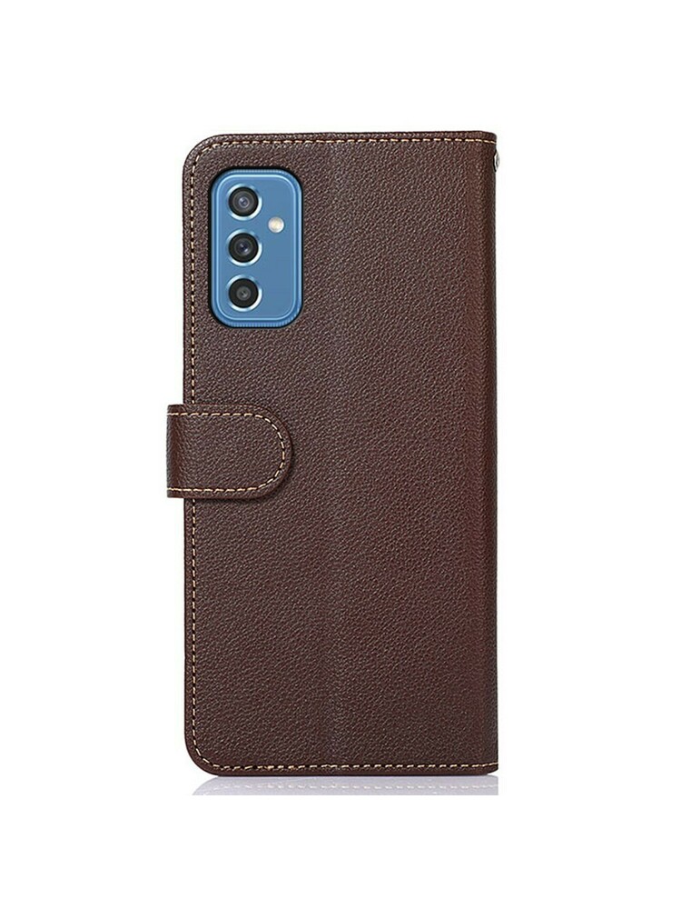 Piniginės dėklas, skirtas Samsung Galaxy M52 5G, KHAZNEH RFID, dviejų spalvų, ruda / mėlyna
