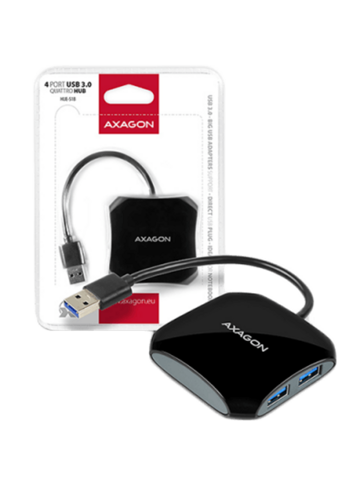 Kompaktiškas „Axagon“ keturių prievadų USB 3.0 „Quattro“ šakotuvas, tinkantis ultrabook