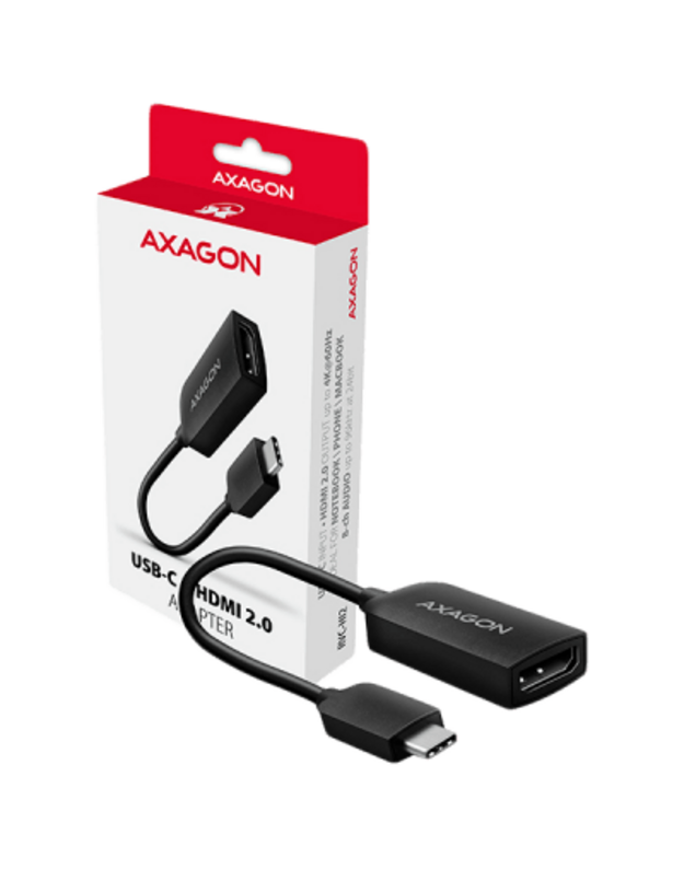 Šiuolaikinis USB-C -> HDMI 2.0 aktyvus adapteris AXAGON RVC-HI2, skirtas HDMI / TV / projektoriui prijungti prie nešiojamojo kompiuterio ar mobiliojo telefono naudojant C tipo USB jungtį.