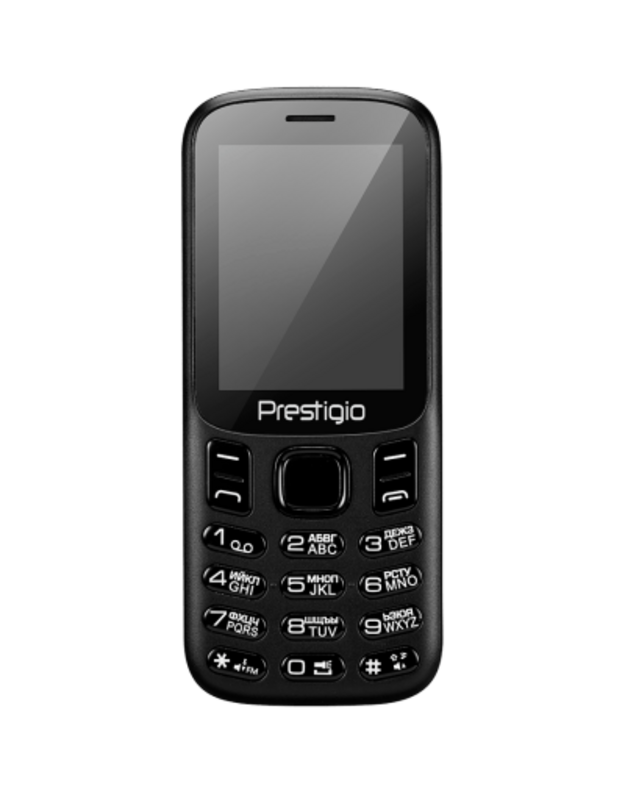 „Prestigio Muze H1“, 2.4 "(240 * 320), dviguba SIM, 32MB RAM + 32MB eMMC, 0.08MP galinė kamera, EN + RU kbd, 1400mAh šikšnosparnis, juoda