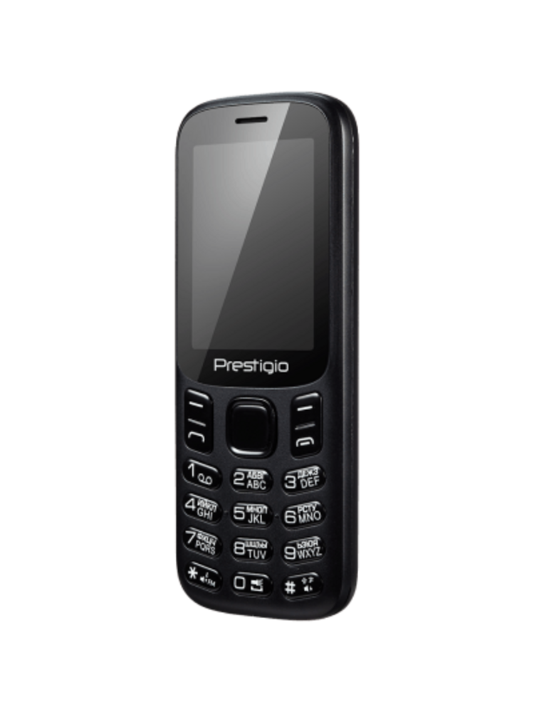 „Prestigio Muze H1“, 2.4 "(240 * 320), dviguba SIM, 32MB RAM + 32MB eMMC, 0.08MP galinė kamera, EN + RU kbd, 1400mAh šikšnosparnis, juoda