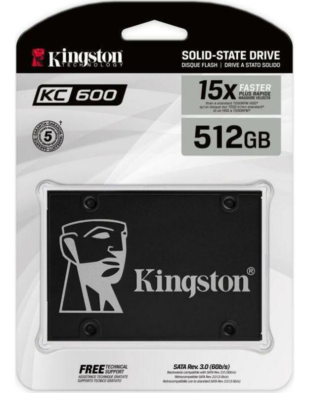 KINGSTON KC600 512G SSD, 2,5 ”7 mm, SATA 6 Gb / s, skaitymas / rašymas: 550/520 MB / s, atsitiktinis skaitymas / rašymas IOPS 90K / 80K