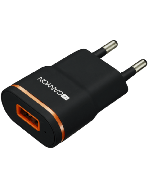 „CANYON H-01“ universalus 1xUSB kintamosios srovės įkroviklis (sienoje) su apsauga nuo viršįtampio, įėjimas 100V-240V, išėjimas 5V-1A, juodas plastikas + gumos danga (oranžinė juosta), 64,5 * 36,2 * 18,6 mm, 0,023 kg