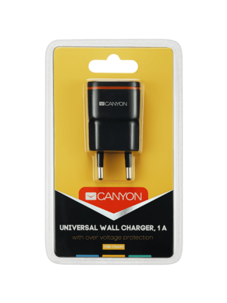 „CANYON H-01“ universalus 1xUSB kintamosios srovės įkroviklis (sienoje) su apsauga nuo viršįtampio, įėjimas 100V-240V, išėjimas 5V-1A, juodas plastikas + gumos danga (oranžinė juosta), 64,5 * 36,2 * 18,6 mm, 0,023 kg