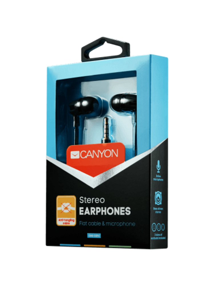 CANYON stereofoninės ausinės su mikrofonu, 1,2 m plokščiu kabeliu, juodos, 22 * ​​12 * 12 mm, 0,013 kg