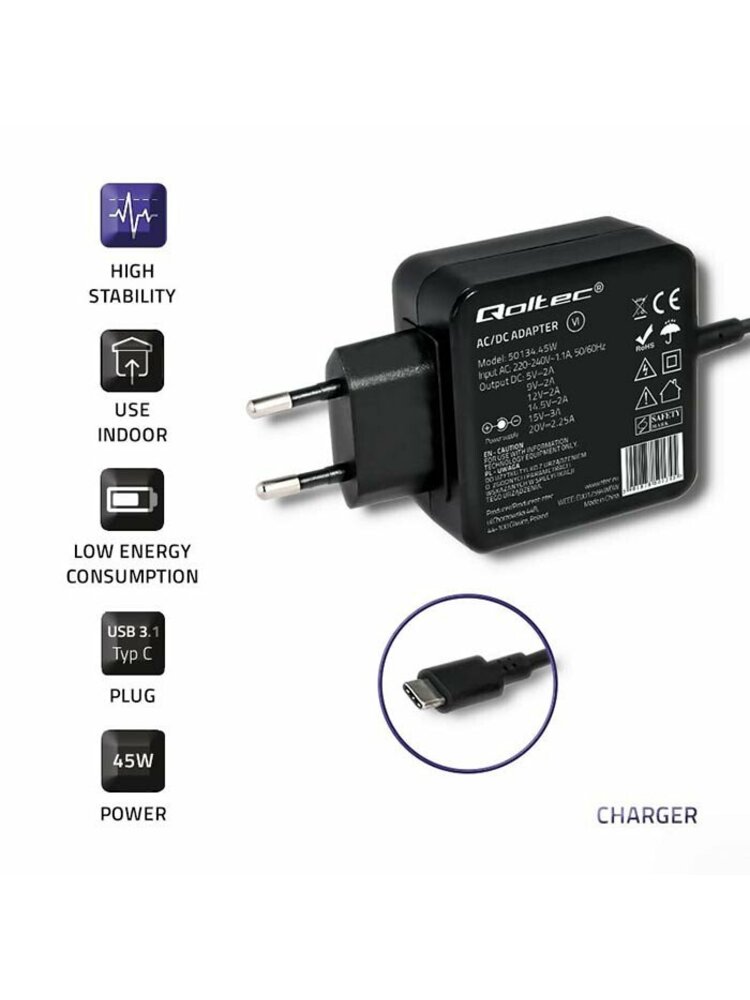 Adapteris Qoltec AC adapter 45W | 20V | 2.25A | USB C