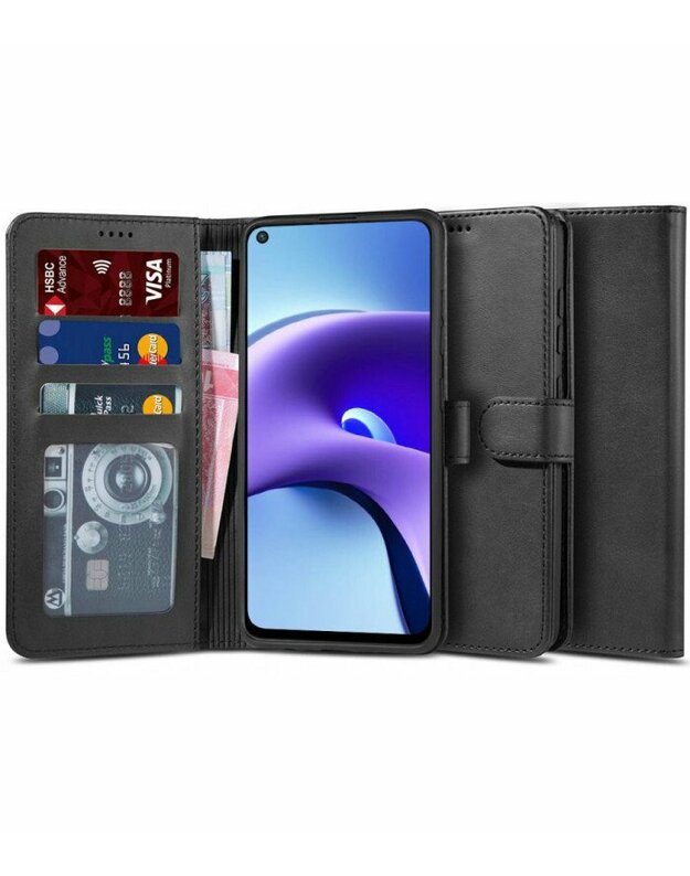 Juodas atverčiamas dėklas Xiaomi Redmi Note 9T 5G telefonui "Tech-protect Wallet 2"