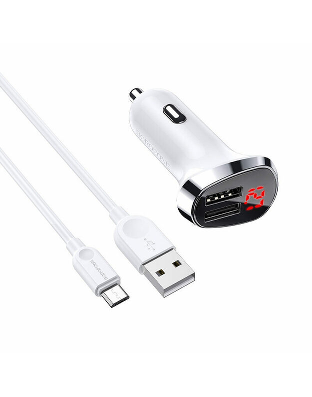 Borofone 2.4A 2Xusb automobilinis įkroviklis su LCD ekranu + mikro USB laidas 1M Bz15 baltas