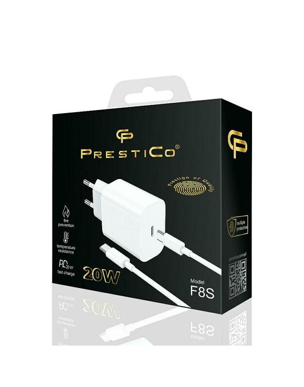 Greito įkrovimo Tinklo įkroviklis C Type su laidu PRESTICO​ F8S​ USB​-​C+C2C​ 20W​ PD​ balta