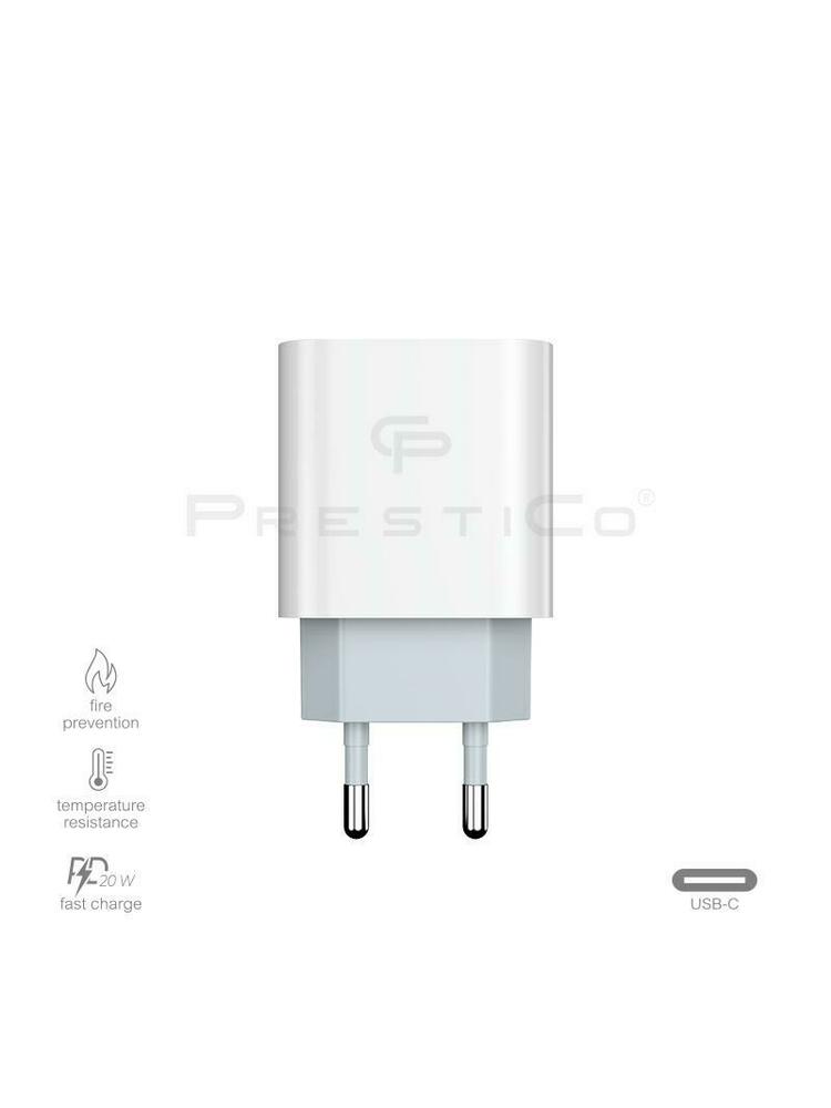 Greito įkrovimo Tinklo įkroviklis C Type su laidu PRESTICO​ F8S​ USB​-​C+C2C​ 20W​ PD​ balta