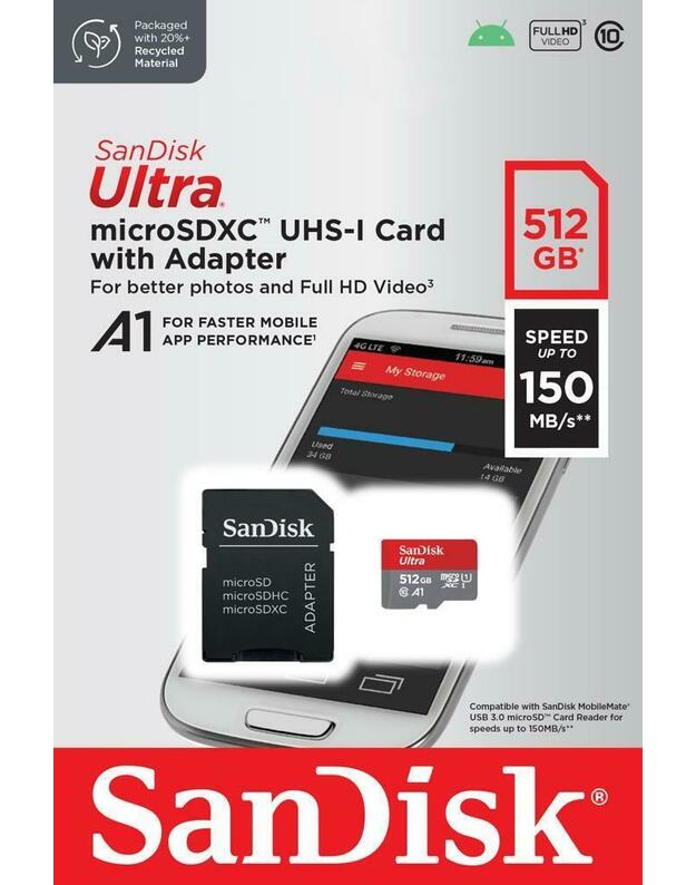 SanDisk Ultra microSDXC 512GB + SD Adapter 150MB/s A1 Class 10 UHS-I