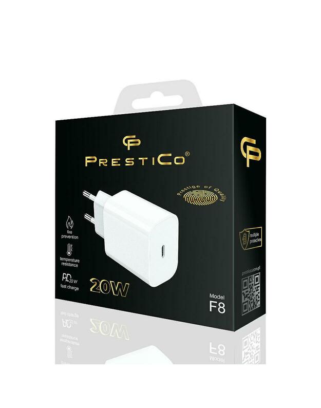 Prestico F8 Fast Charge buitinis įkroviklis USB-C 20W PD baltas