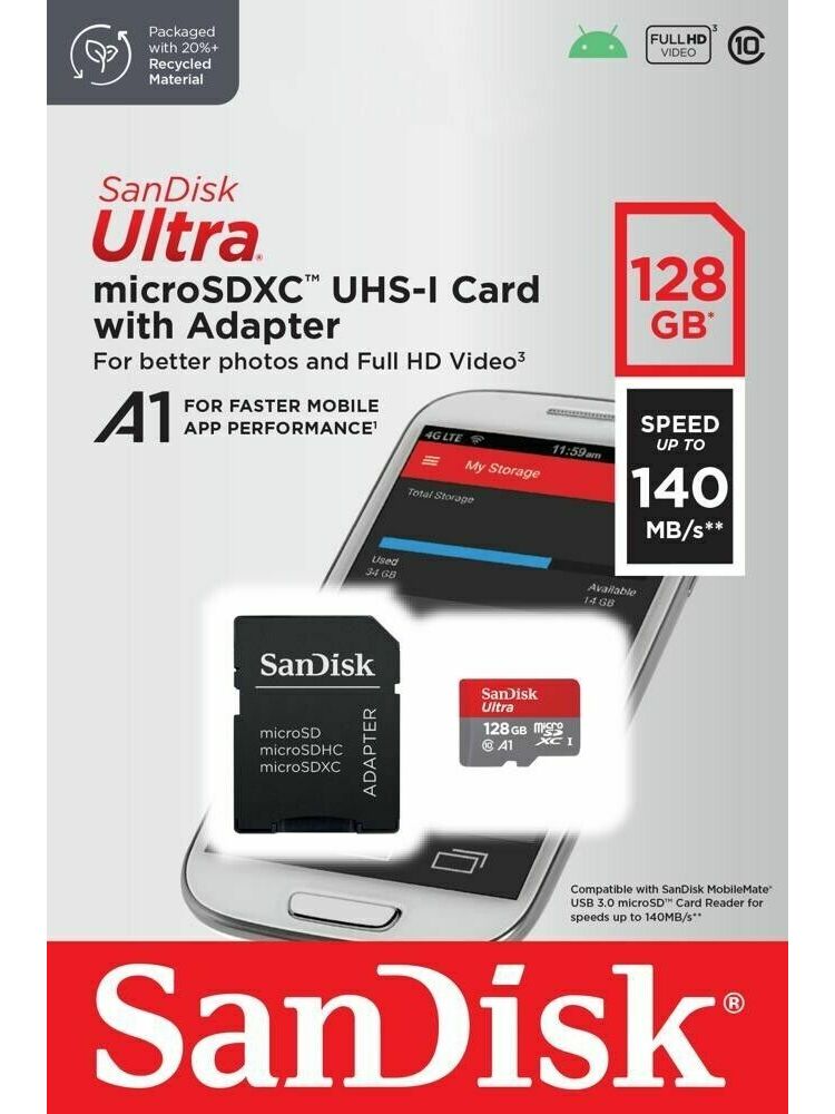 SANDISK ULTRA MICROSDXC 128GB + SD ADAPTER 140MB/S A1 CLASS 10 UHS-I