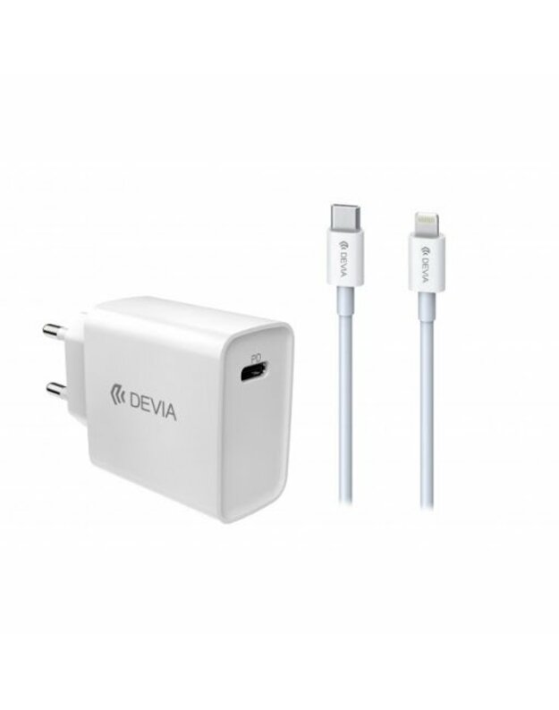 Įkroviklis buitinis Devia Smart PD Quick Charge + MFI Type-C-Lightning baltas