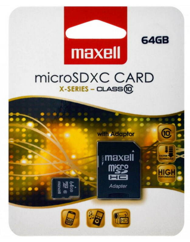 64GB MICRO SD HC class 10 + adapteri Maxell