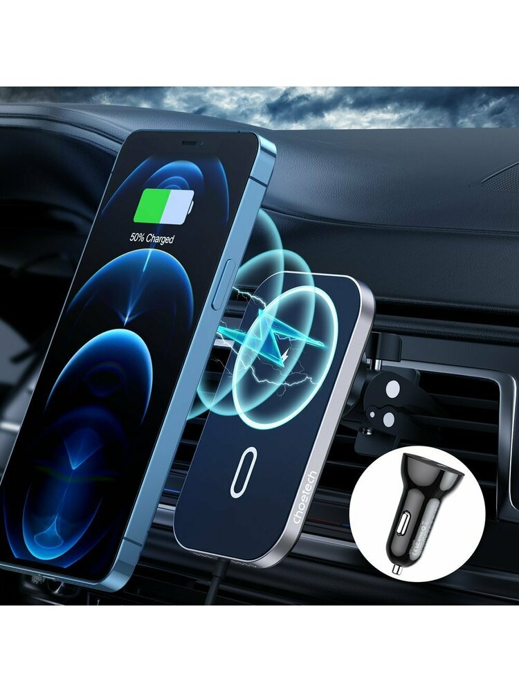 Choetech magnetinis belaidis Qi įkroviklis 15 W su laikikliu (MagSafe suderinamas su iPhone) juodas (T200-F) + USB - C tipo USB automobilinis įkroviklis +