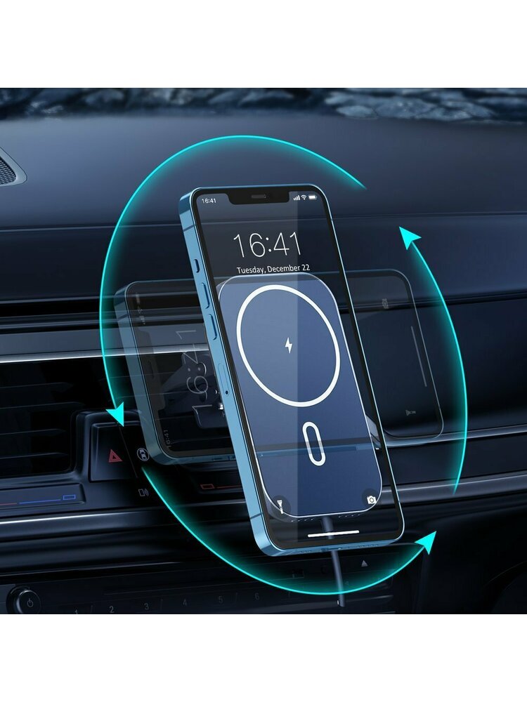 Choetech magnetinis belaidis Qi įkroviklis 15 W su laikikliu (MagSafe suderinamas su iPhone) juodas (T200-F) + USB - C tipo USB automobilinis įkroviklis +