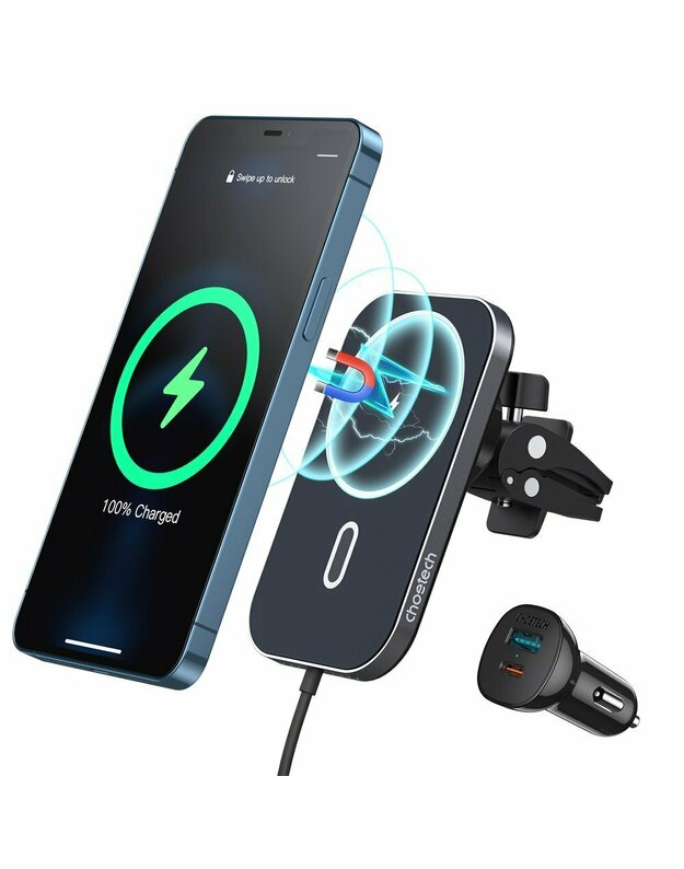 Choetech magnetinis belaidis Qi įkroviklis 15 W su laikikliu (MagSafe suderinamas su iPhone) juodas (T200-F) + USB - C tipo USB automobilinis įkroviklis +