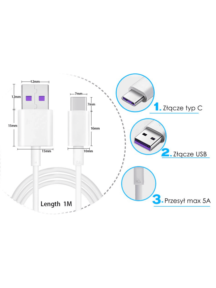 5A 1m USB-C QC3.0 kabelis, skirtas HUAWEI HL1289 USB Type C greito įkrovimo 3.0 baltai BULK