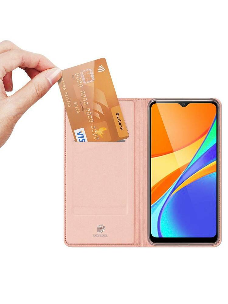 Dėklas „XIAOMI REDMI 9C“ su atverčiama „Dux Ducis“ odos oda šviesiai rausva